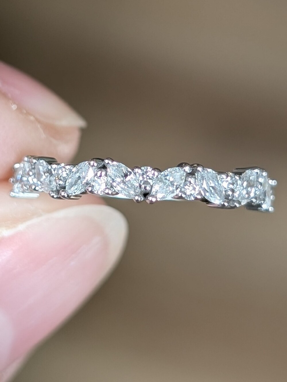 14K White Gold Marquis And Round Cut Diamond Half Eternity Ring